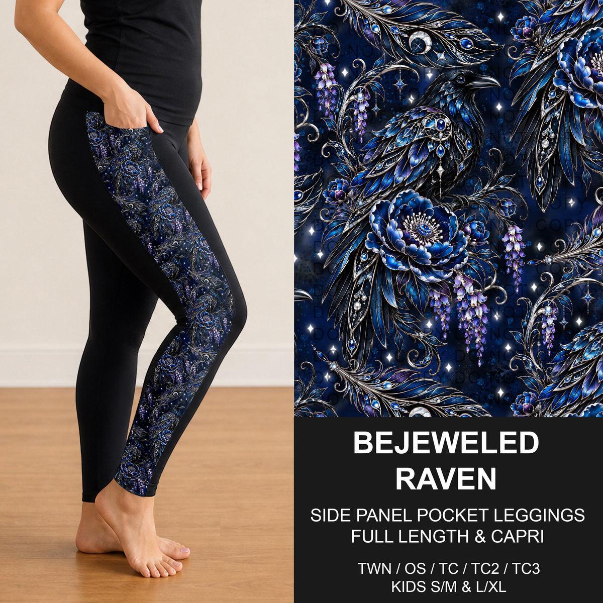B319 - Preorder Bejeweled Raven Side Panel Pocket Leggings (Closes 11/01. ETA: early Jan.)