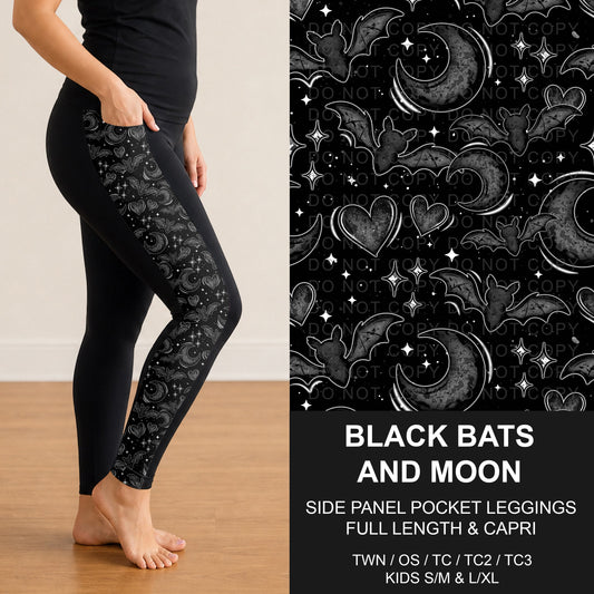 B295 - Preorder Black Bats and Moon Side Panel Pocket Leggings (Closes 6/14. ETA: late Aug.)