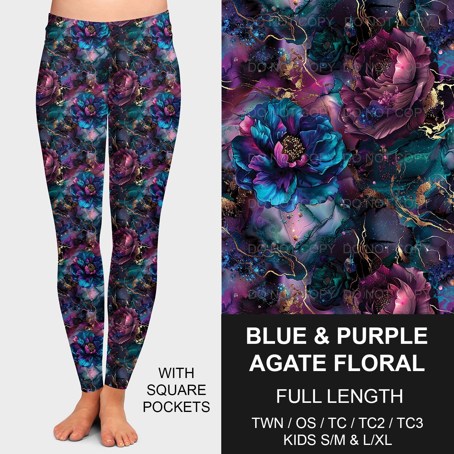 B204 - Preorder Blue and Purple Agate Floral Leggings w/ Pockets (Closes 1/05. ETA late March)