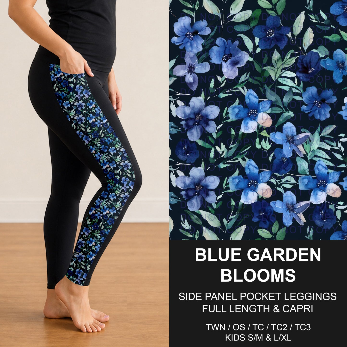 B310 - Preorder Blue Garden Blooms Side Panel Pocket Leggings (Closes 8/30. ETA: late Oct.)