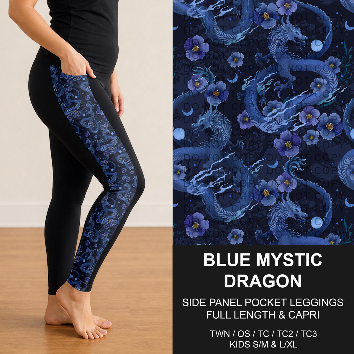 B314 - Preorder Blue Mystic Dragon Side Panel Pocket Leggings (Closes 9/27. ETA: late Nov.)