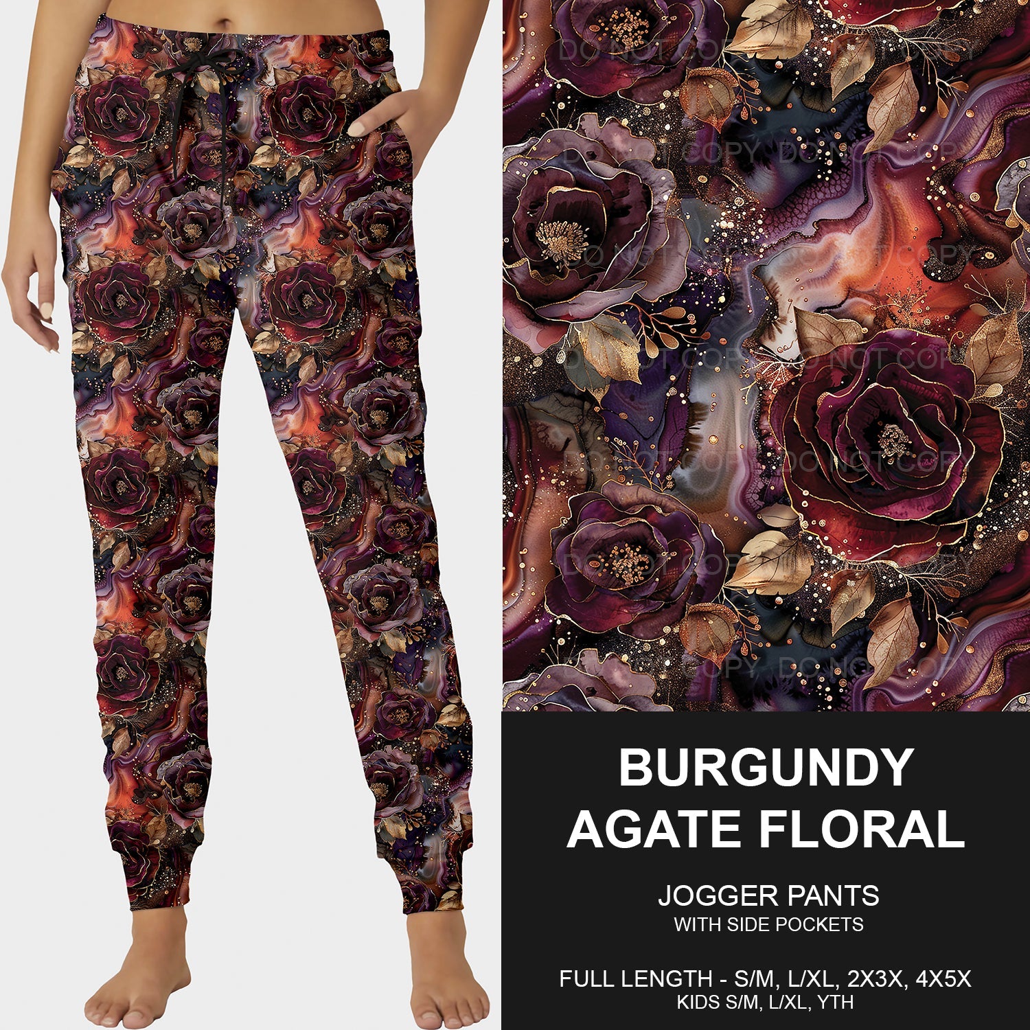 B204 - Preorder Burgundy Agate Floral Joggers (Closes 1/05. ETA late March)