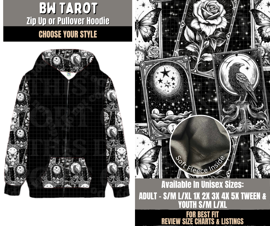 Preorder! Closes 10/28. ETA Jan. BW Tarot Zip-Up or Pullover Hoodie