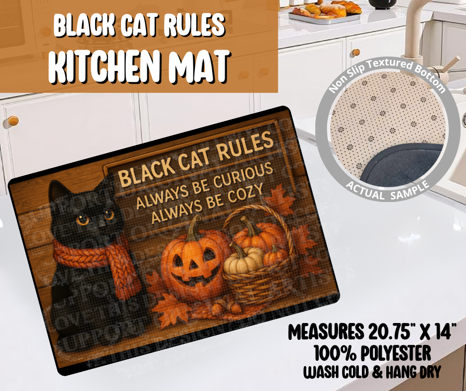 Black Cat Rules Kitchen Mat