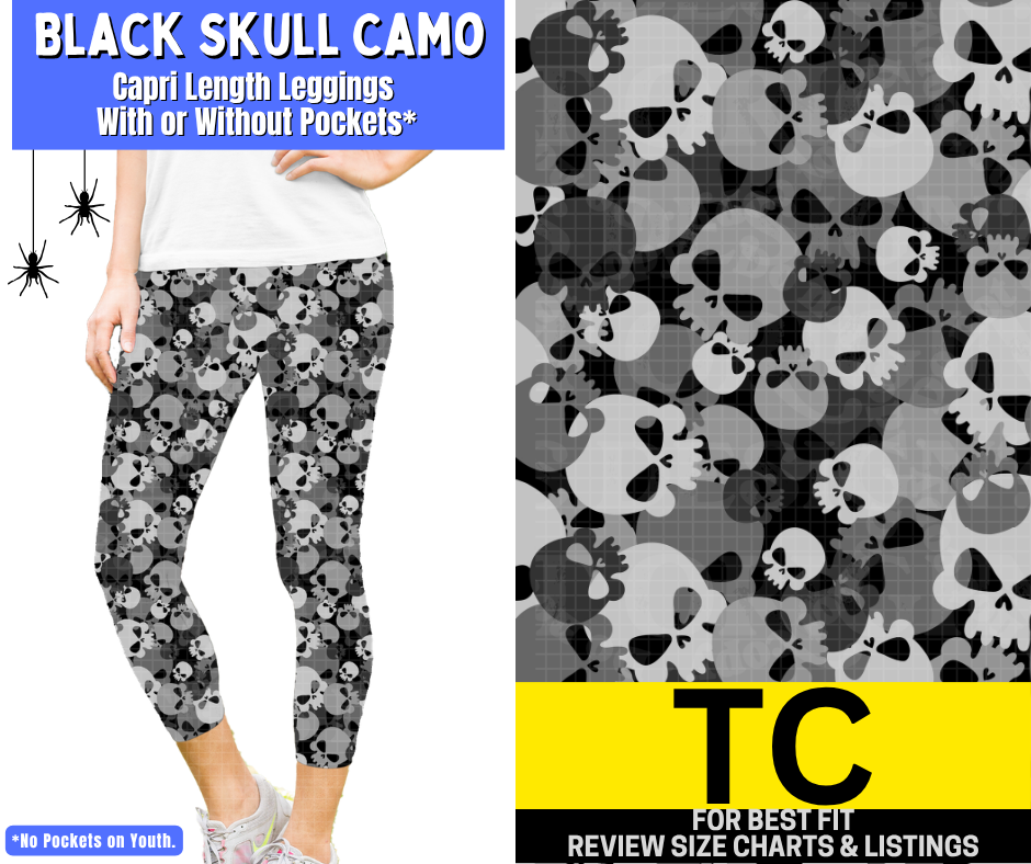 Black Skull Camo Capri Length Leggings w/ Pockets