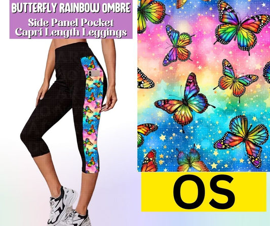 Butterfly Rainbow Ombre Side Panel Pocket Capri Length Leggings