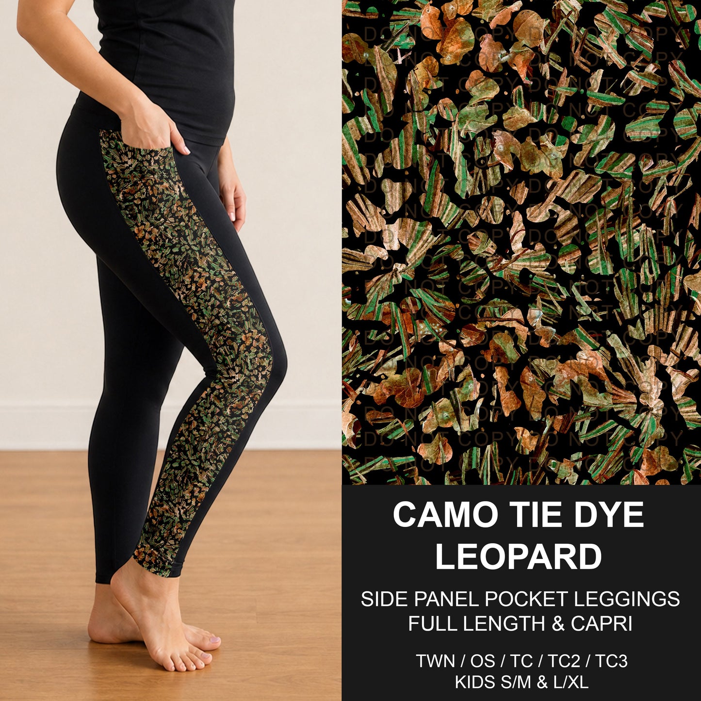 B300 - Preorder Camo Tie Dye Leopard Side Panel Pocket Leggings (Closes 7/15. ETA: mid Sept.)
