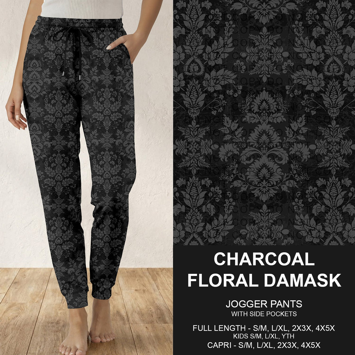 B317 - Preorder Charcoal Floral Damask Joggers (Closes 10/18. ETA: late Dec.)