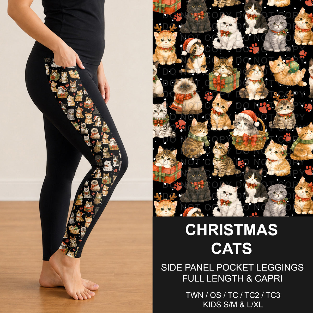 B315 - Preorder Christmas Cats Side Panel Pocket Leggings (Closes 10/04. ETA: early Dec.)