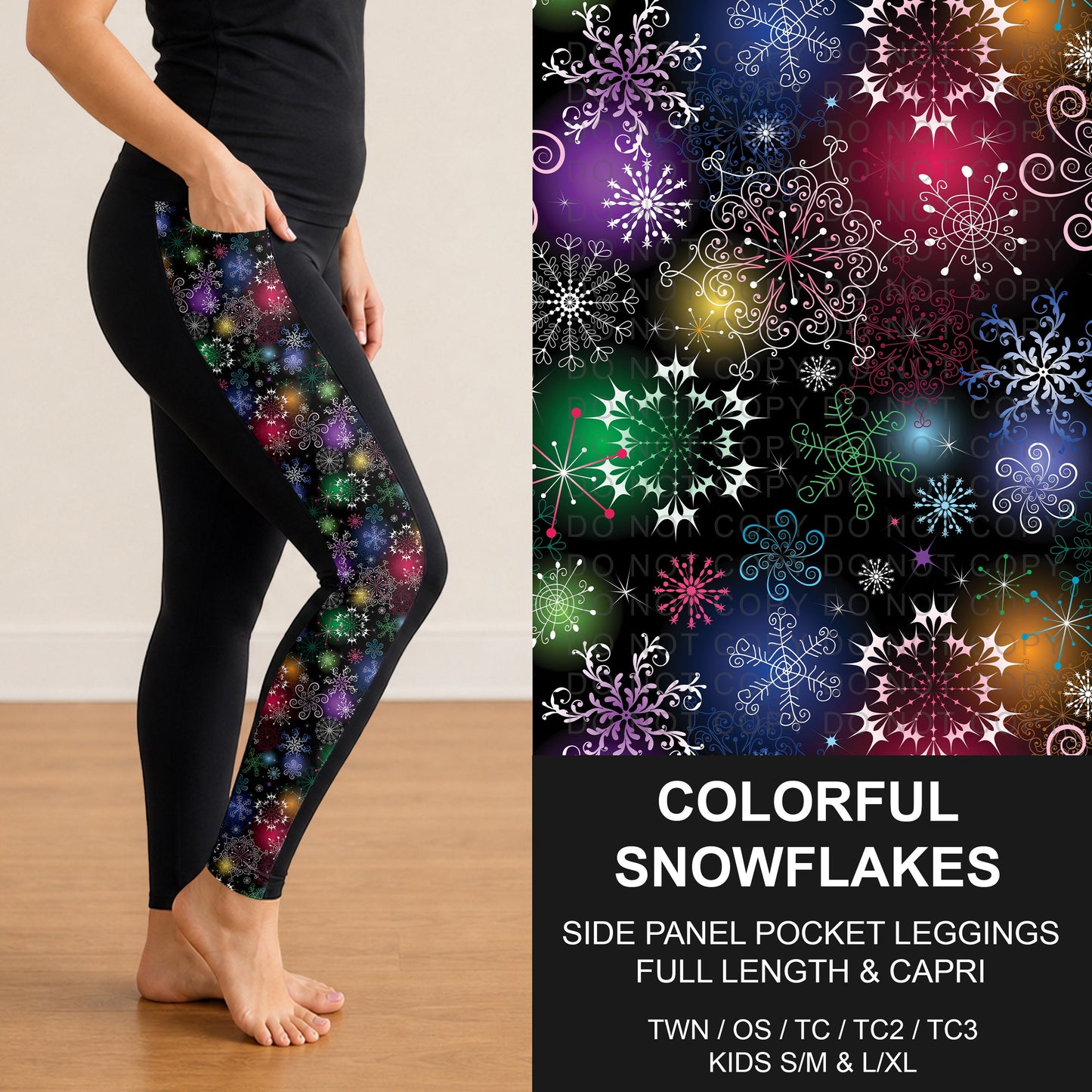 B311 - Preorder Colorful Snowflakes Side Panel Pocket Leggings (Closes 9/06. ETA: mid Nov.)