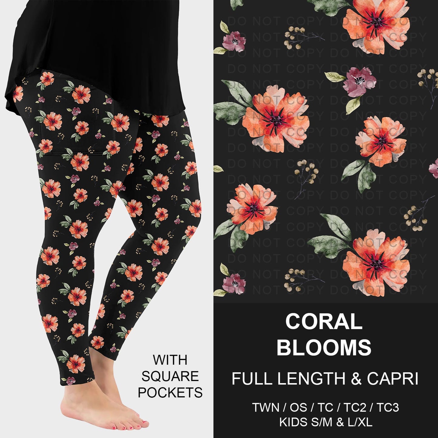 B293 - Preorder Coral Blooms Leggings w/ Pockets (Closes 5/31. ETA: early Aug.)
