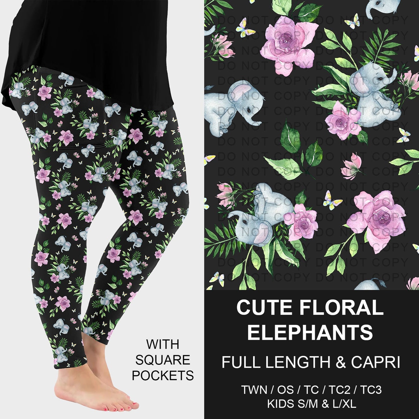 B283 - Preorder Cute Floral Elephants Leggings w/ Pockets (Closes 4/05. ETA: mid June)
