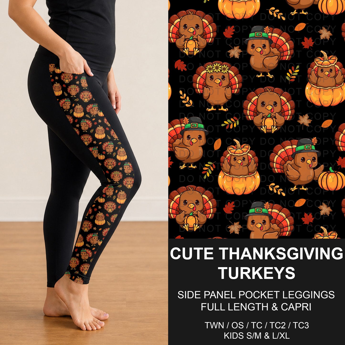 B308 - Preorder Cute Thanksgiving Turkeys Side Panel Pocket Leggings (Closes 8/16. ETA: late Oct.)