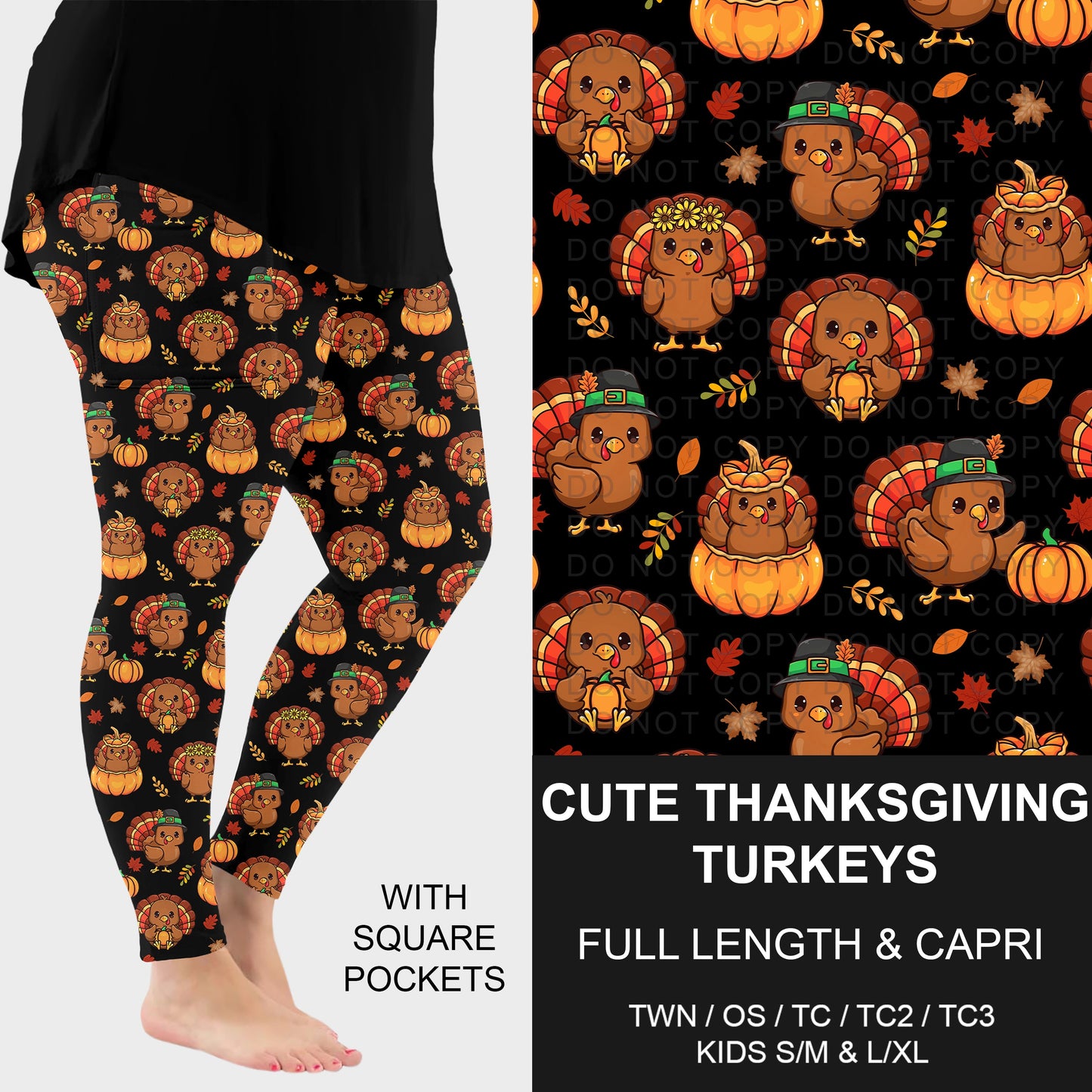 B308 - Preorder Cute Thanksgiving Turkeys Leggings w/ Pockets (Closes 8/16. ETA: late Oct.)