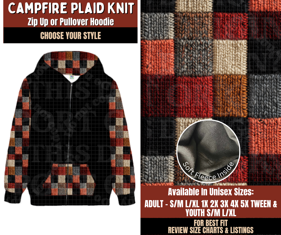 Preorder! Closes 9/21. ETA Dec. Campfire Plaid Knit Zip-Up or Pullover Hoodie