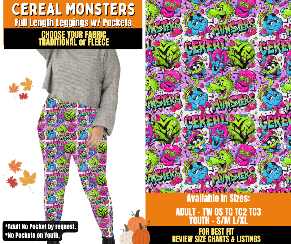 Preorder! Closes 7/16. ETA Oct. Cereal Monsters Leggings Choose Fleece or Traditional