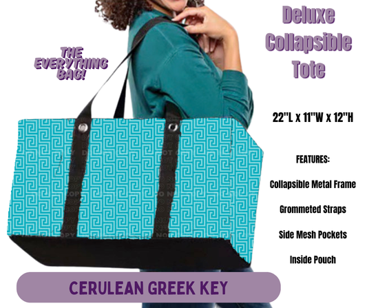 Cerulean Greek Key Collapsible Tote