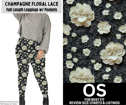 Champagne Floral Lace Full Length Leggings w/ Pockets