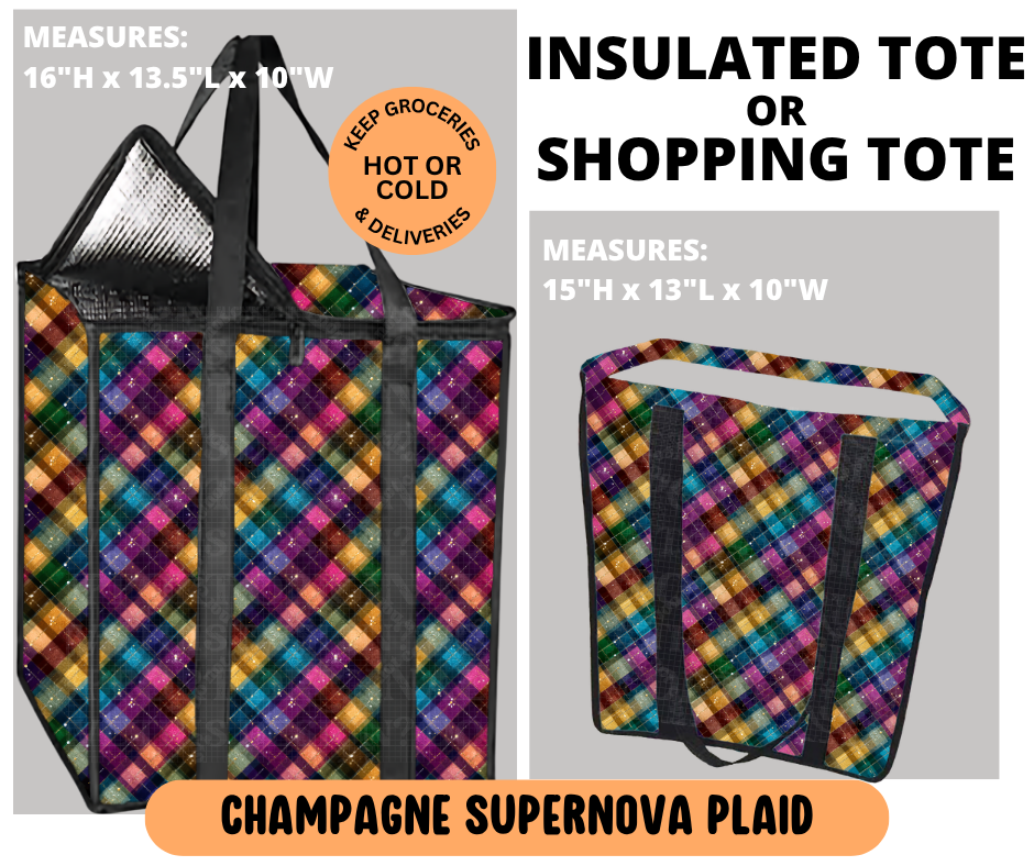 Preorder! Closes 6/29. ETA Sept. Champagne Supernova Plaid Shopping & Insulated Tote