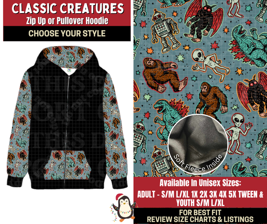 Preorder! Closes 9/4. ETA Dec. Classic Creatures Zip-Up or Pullover Hoodie