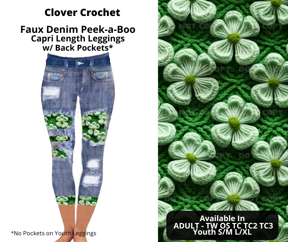 Preorder! Closes 12/9. ETA Feb. Clover Crochet Faux Denim Peekaboo Capris