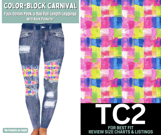 Color-Block Carnival Faux Denim Full Length Peekaboo Leggings