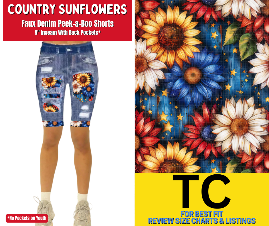 Country Sunflowers Faux Denim Peekaboo Jamaica Shorts