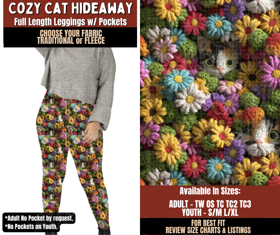 Preorder! Closes 9/21. ETA Dec. Cozy Cat Hideaway Knit Leggings Choose Fleece or Traditional