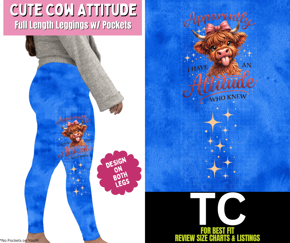 Cute Cow Attitude Watercolor Full Length Leggings w/ Side Leg Designs