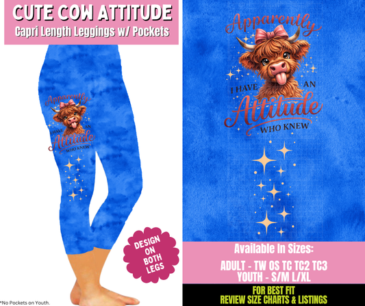 Preorder! Closes 4/23. ETA July. Cute Cow Attitude Combo Denim & Watercolor Side Designs Legging Lengths