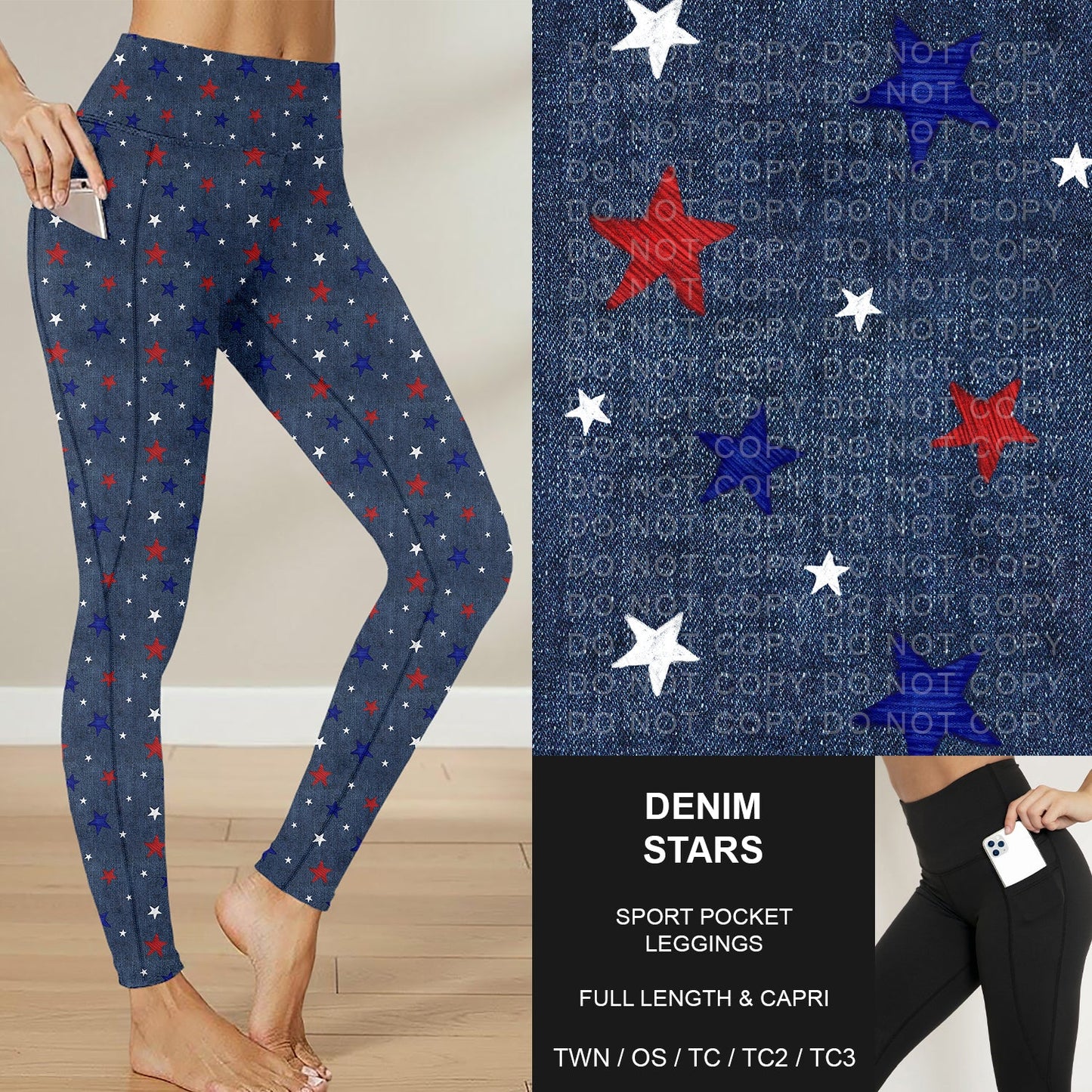 B284 - Preorder Denim Stars Sport Pocket Leggings (Closes 4/12. ETA: early June)