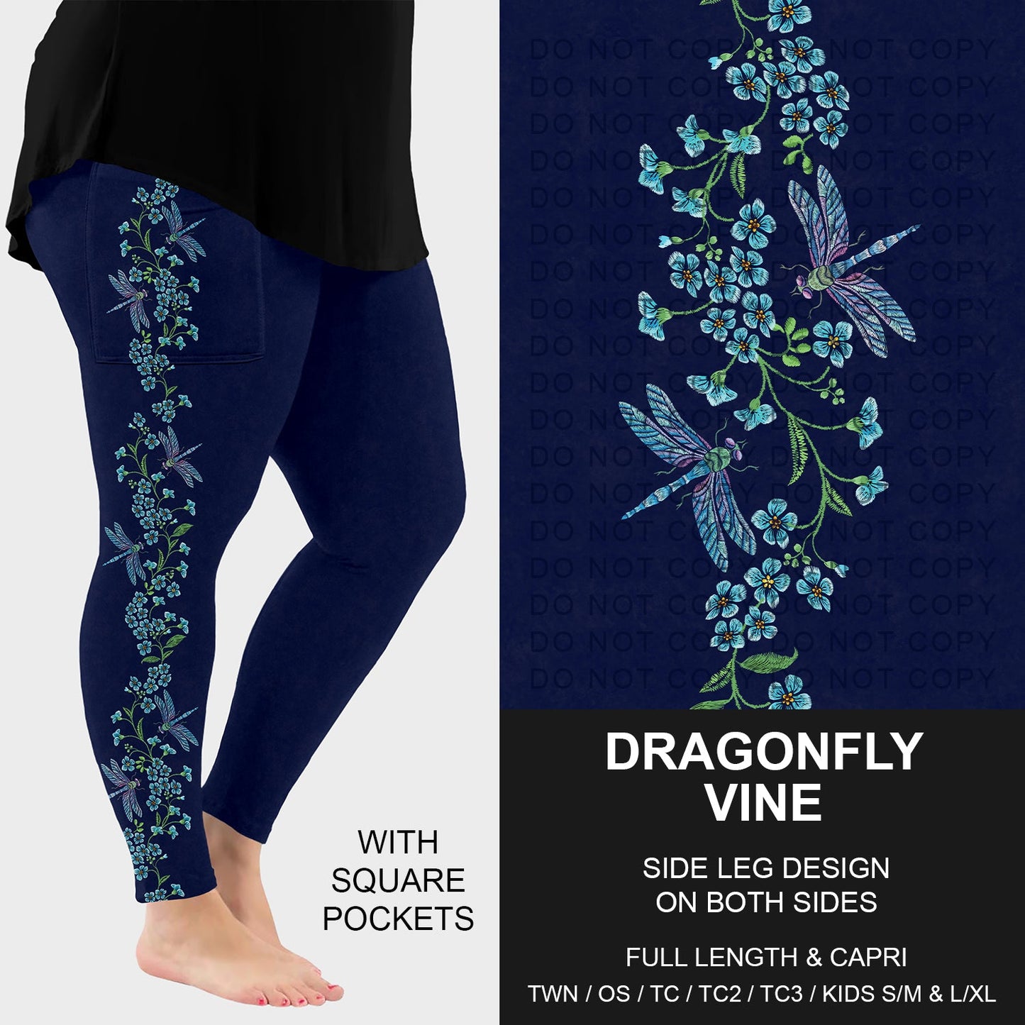 B287 - Preorder Dragonfly Vine Side Design Leggings w/ Pockets (Closes 4/26. ETA: late June)