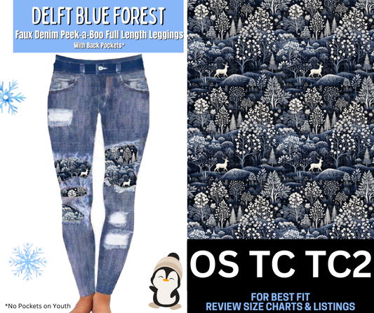Delft Blue Forest Faux Denim Full Length Peekaboo Leggings