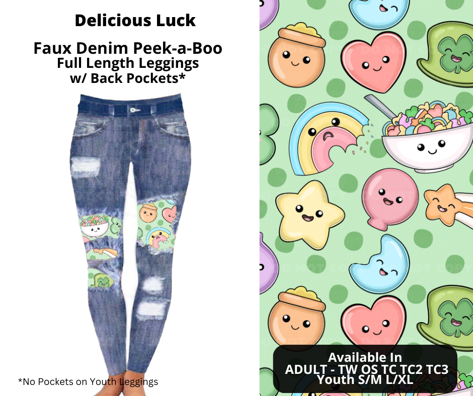 Preorder! Closes 12/9. ETA Feb. Delicious Luck Faux Denim Peekaboo Full Length