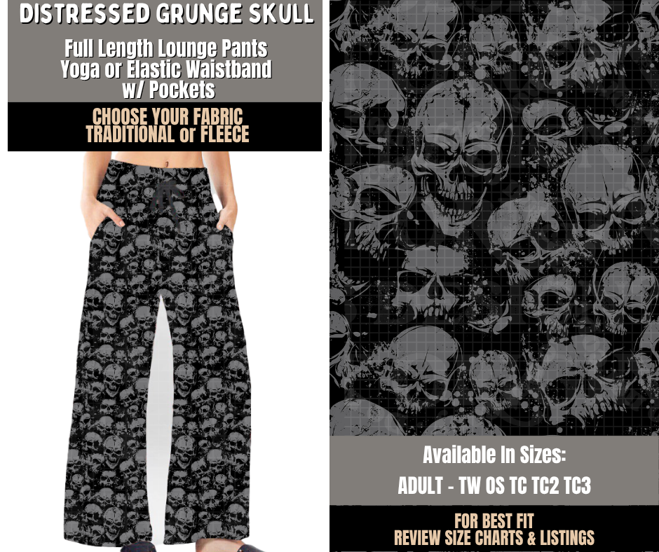 Preorder! Closes 10/28. ETA Jan. Distressed Grunge Skull Lounge Pants Choose Fleece or Traditional