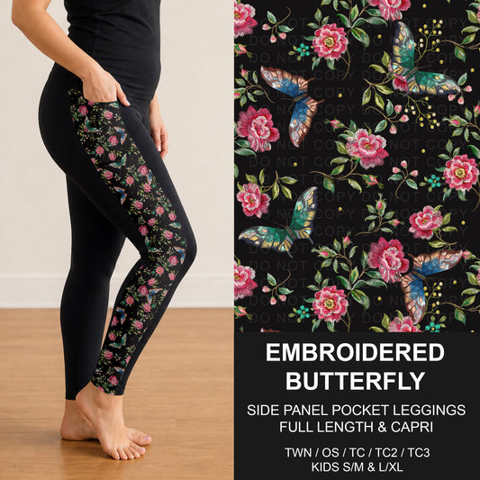 B318 - Preorder Embroidered Butterfly Side Panel Pocket Leggings (Closes 10/25. ETA: late Dec.)