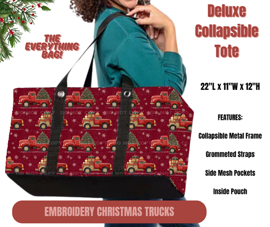 Preorder! Closes 9/1. ETA Dec. Embroidered Christmas Trucks Collapsible Tote
