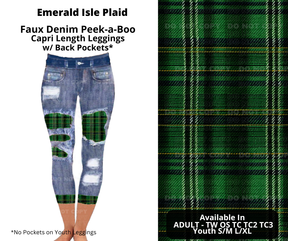 Preorder! Closes 12/9. ETA Feb. Emerald Isle Plaid Faux Denim Peekaboo Capris