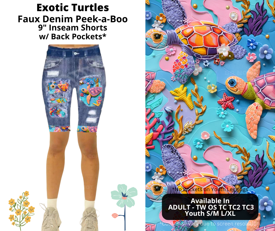 Preorder! Closes 3/26. ETA June. Exotic Turtles Faux Denim Peekaboo Jamaica Shorts