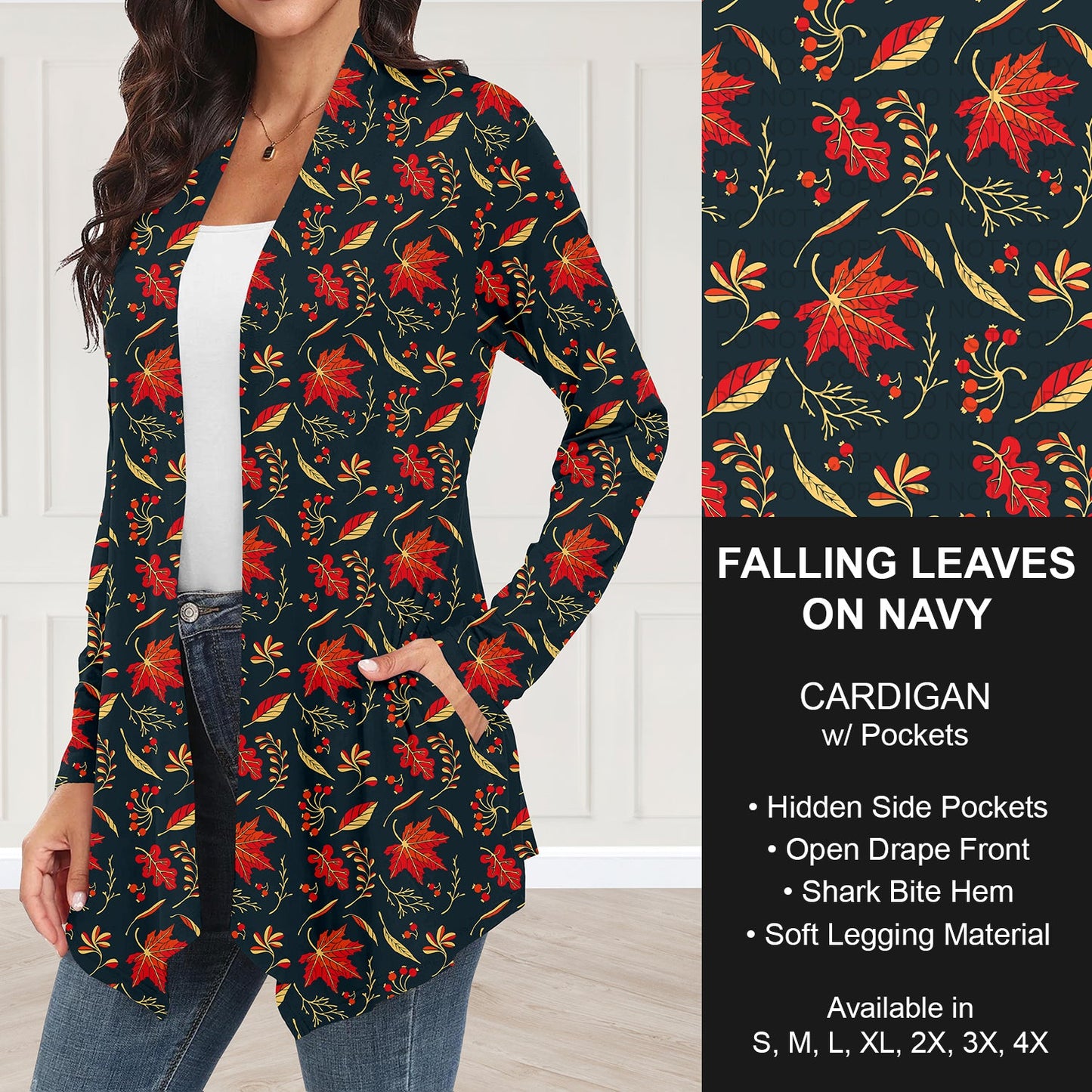 B250 - Preorder Falling Leaves on Navy Cardigan w/ Pockets (Closes 9/07. ETA: early Nov.)