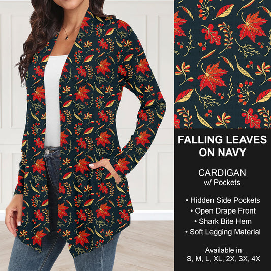 B250 - Preorder Falling Leaves on Navy Cardigan w/ Pockets (Closes 9/07. ETA: early Nov.)