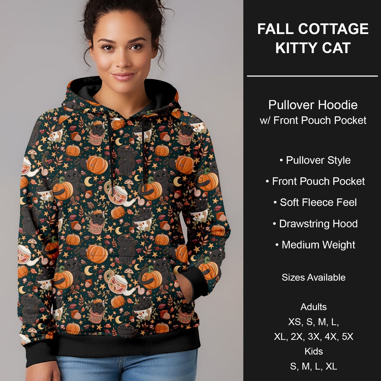 B299 - Preorder Fall Cottage Kitty Cat Pullover Hoodie (Closes 7/12. ETA mid Sept.)