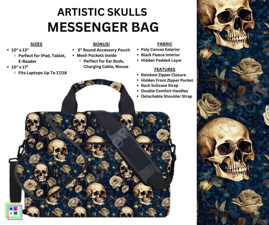 Preorder! Closes 9/6. ETA Nov. Artistic Skulls Messenger Bags