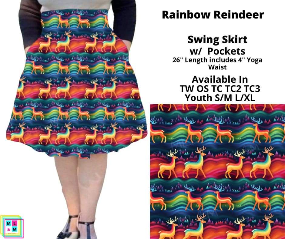 Preorder! Closes 10/13. ETA Dec. Rainbow Reindeer Swing Skirt