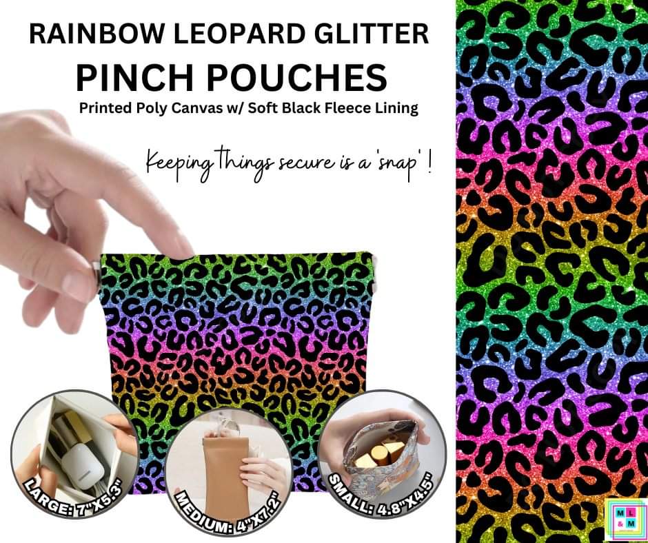 Preorder! Closes 11/10. ETA Jan. Rainbow Leopard Glitter Pinch Pouches in 3 Sizes