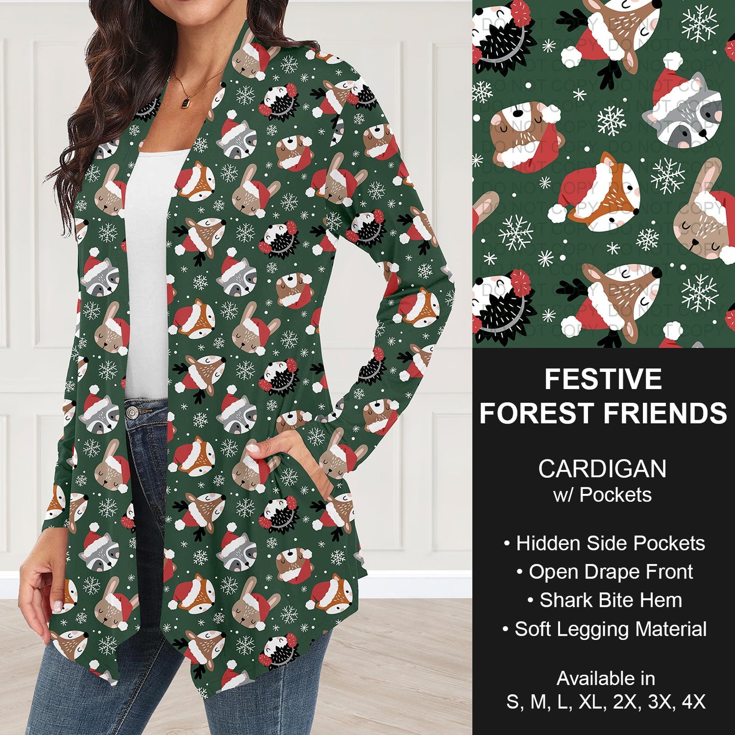 B303 - Preorder Festive Forest Friends Cardigan w/ Pockets (Closes 7/26. ETA: early Oct.)