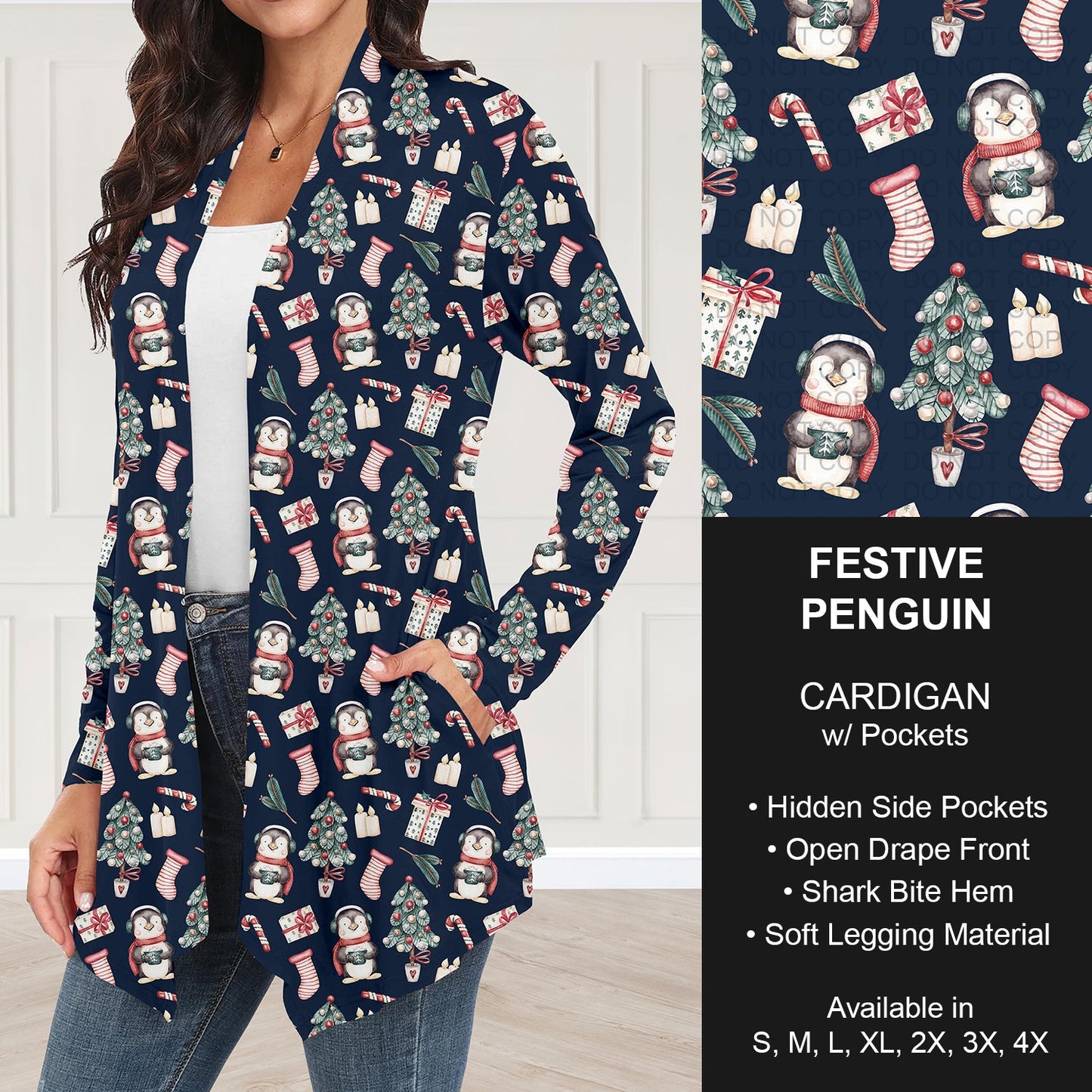 B303 - Preorder Festive Penguin Cardigan w/ Pockets (Closes 7/26. ETA: early Oct.)