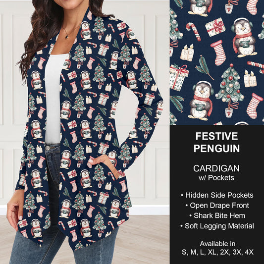 B303 - Preorder Festive Penguin Cardigan w/ Pockets (Closes 7/26. ETA: early Oct.)