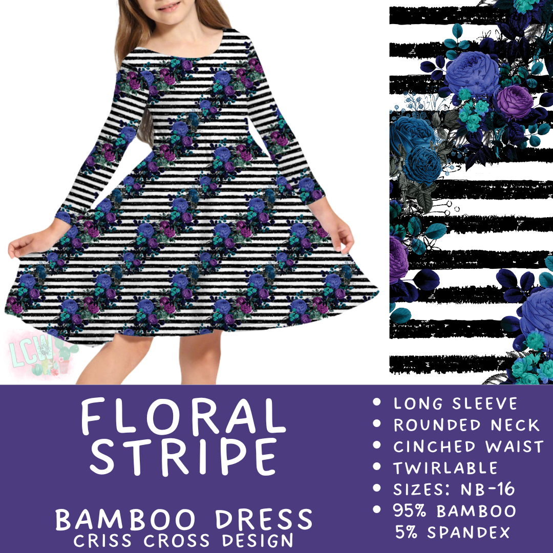 Ready to Ship - Floral Stripe Long Sleeve Criss-Cross Bamboo Dress - 4, 6 & 8