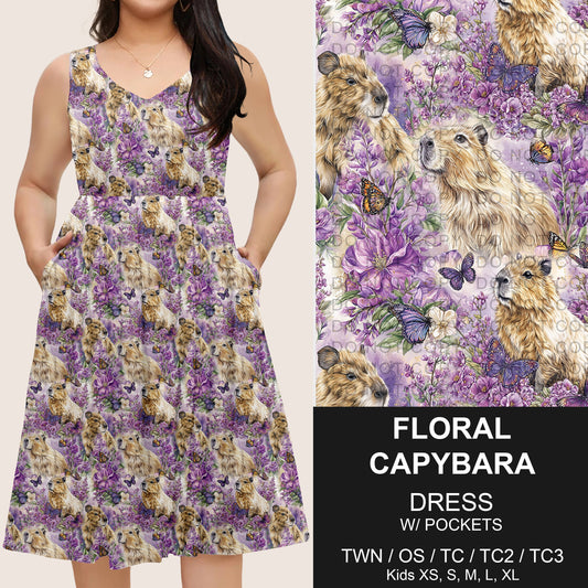 B275 - Preorder Floral Capybara Sleeveless Pocket Dress (Closes 2/25. ETA: early May)